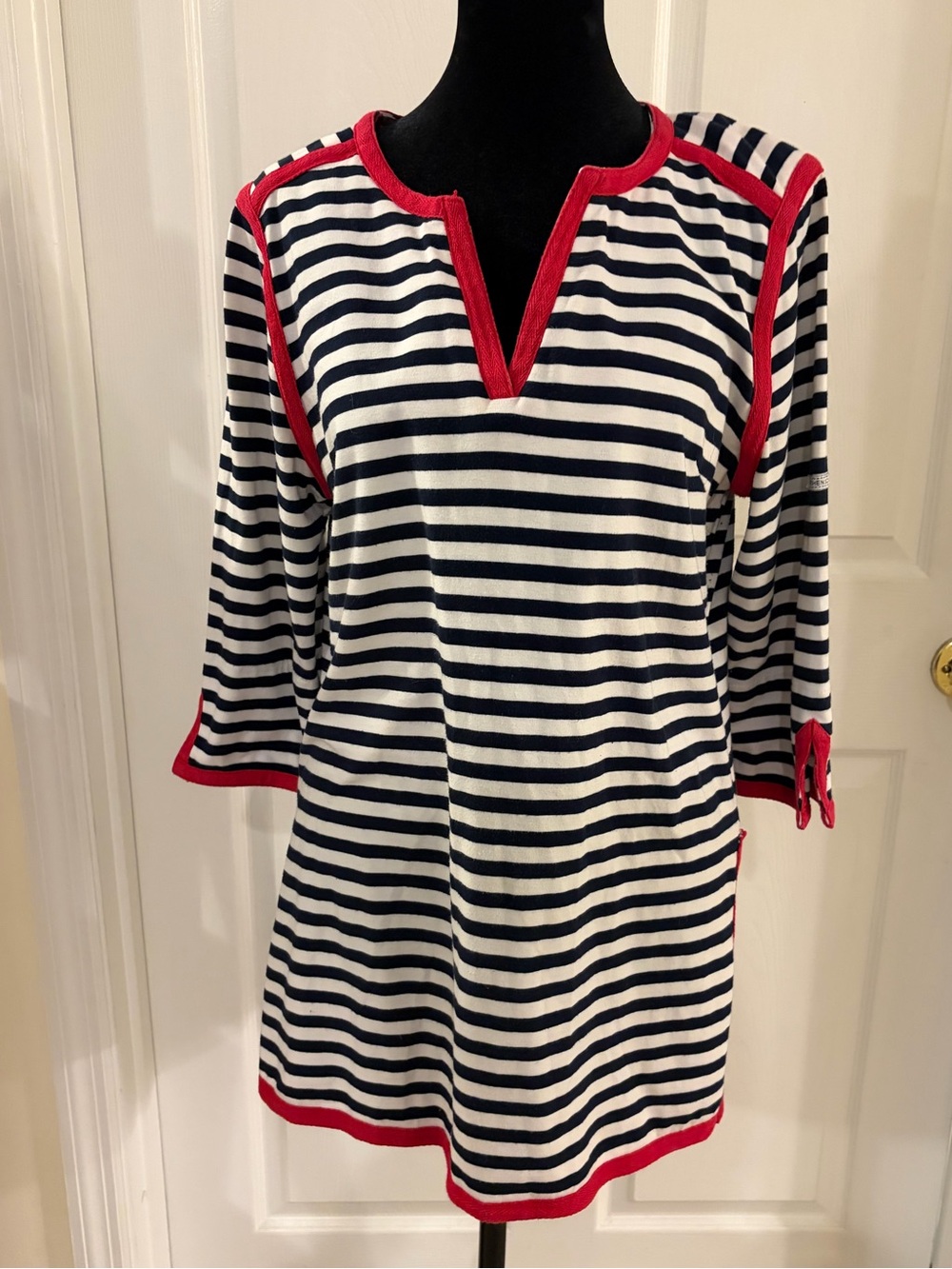 Gretchen Scott Designs Striped Tunic Top V-neck red white blue patriotic XL